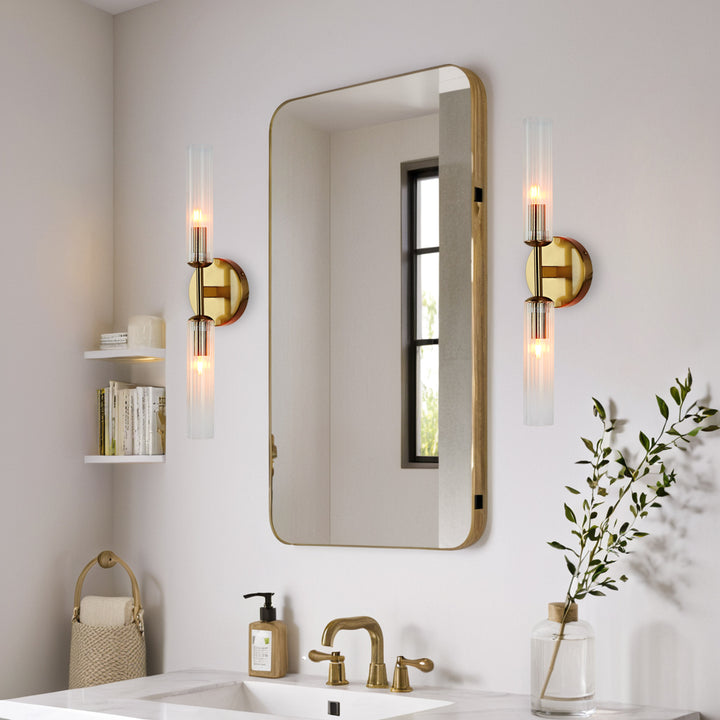 Antique Bronze Double Tube Sconce with Ribbed Glass Shades and Cylindrical Design for Durable Indoor Lighting