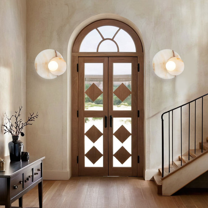 Opaline Cream Sculpture Wall Sconce: Natural Cream Onyx with Opaque White Glass Globe Bulb, Sculptural Design for Living Room, Bathroom, or Bedroom Wall Lighting