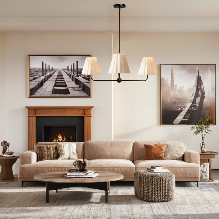 Mid-centry Modern Chandelier with Adjustable Height (18-54"), 3-Light Pendant Light over Table, Scandinavian Kitchen Island Lighting Fixture with Linen Shade for Dining Room Living Room