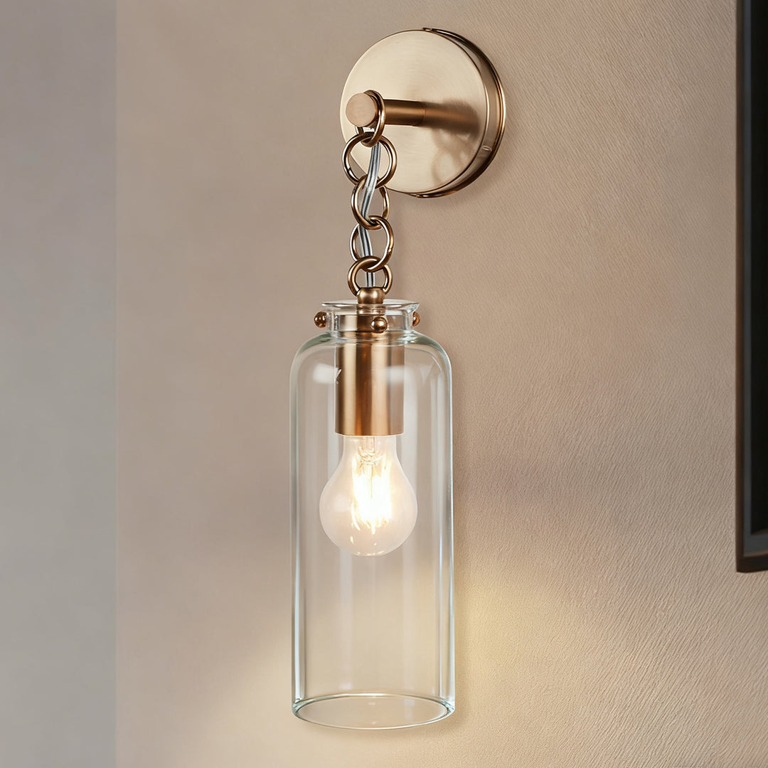 Aged Brass Sconce Wall Lamp, Retro Wall Mounted Lighting with Clear Glass Tube, Decorative Wall Light Fixture for Living Room, Bedroom, Hallway, Kitchen, Staircase