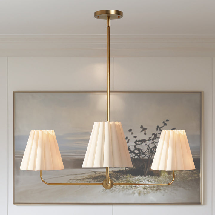 Mid-centry Modern Chandelier with Adjustable Height (18-54"), 3-Light Pendant Light over Table, Scandinavian Kitchen Island Lighting Fixture with Linen Shade for Dining Room Living Room