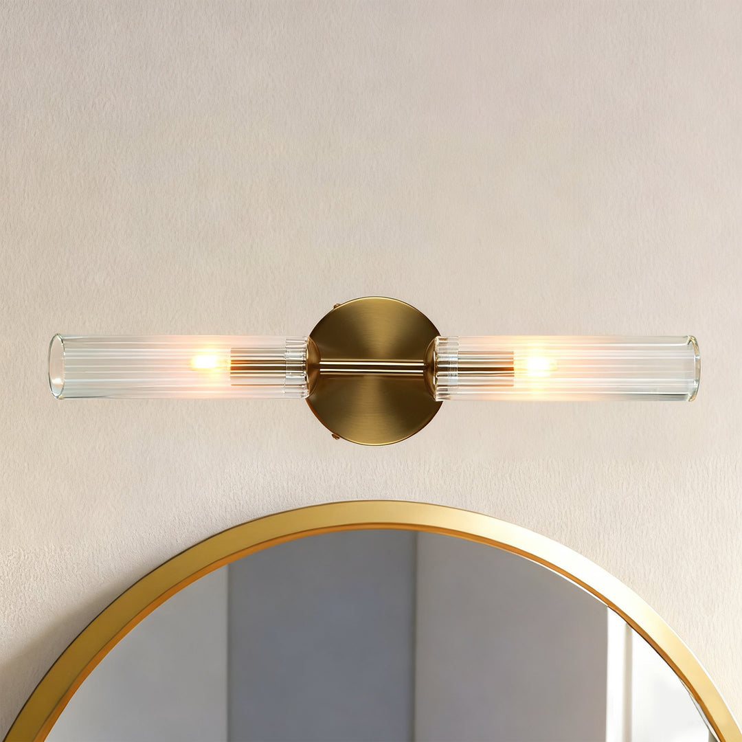 Antique Bronze Double Tube Sconce with Ribbed Glass Shades and Cylindrical Design for Durable Indoor Lighting