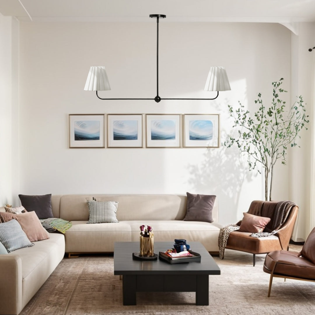 Kitchen Island Lighting with Pleated Linen Shade, 2 Lights Linear Chandelier with Adjustable Height (18-46"), Modern Ceiling Hanging Pendant Light for Dining Room, Living Room, Bedroom