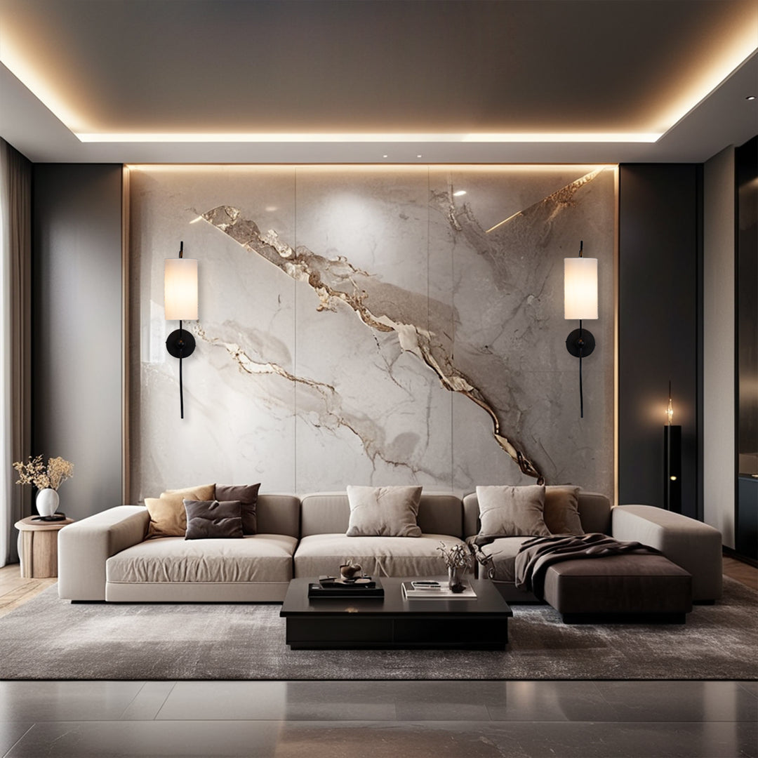 Mid-Century Single Light Wall Sconce with White Linen Shade, Industrial Wall Mounted Lamp with Wavy Black Forged Iron Arm, Hardwired Night Light for Bedroom, Living Room, Hallway