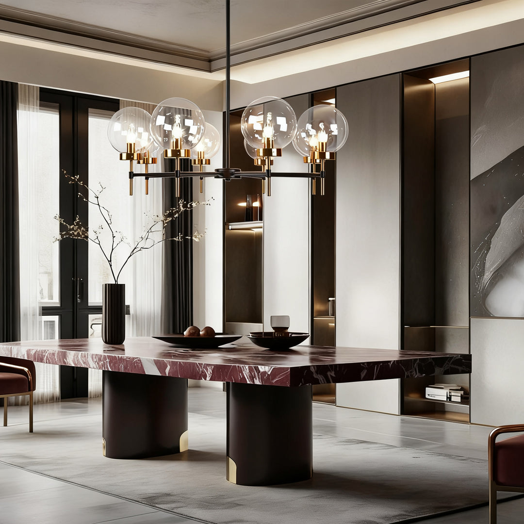 Mid-Century Modern Blown Glass Globe Chandelier - Adjustable Height with Two-Toned Metals for Dining Room, Living Room, and Sitting Room Lighting