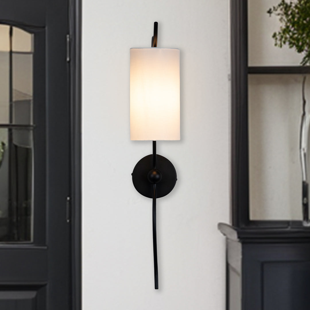 Mid-Century Single Light Wall Sconce with White Linen Shade, Industrial Wall Mounted Lamp with Wavy Black Forged Iron Arm, Hardwired Night Light for Bedroom, Living Room, Hallway
