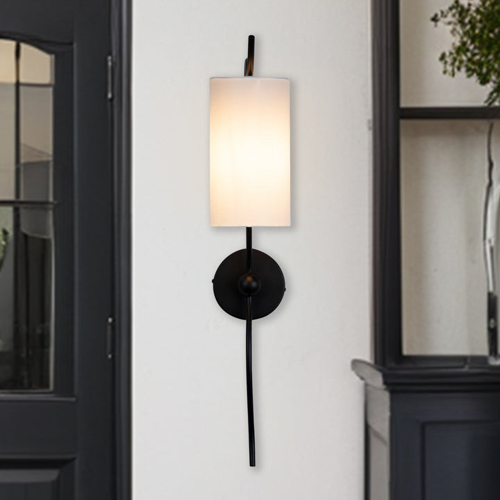 Mid-Century Single Light Wall Sconce with White Linen Shade, Industrial Wall Mounted Lamp with Wavy Black Forged Iron Arm, Hardwired Night Light for Bedroom, Living Room, Hallway