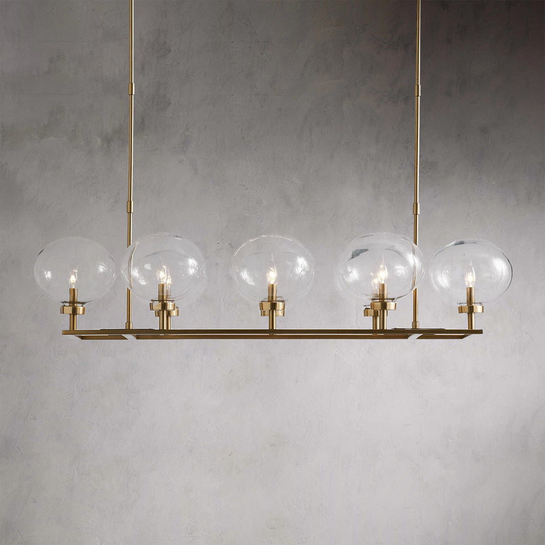 Steel Frame Frosted Globe Chandelier - Blown Glass with Steel and Brass Frame - Adjustable Height and Linear Base - Stylish Light Fixtures for Dining Room and Dining Area Chandelier