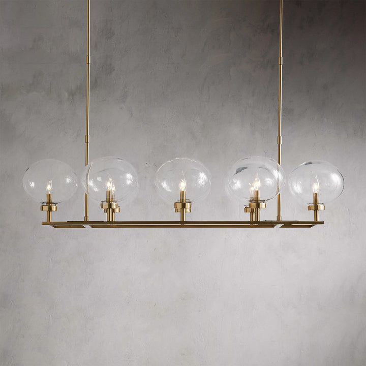 Steel Frame Frosted Globe Chandelier - Blown Glass with Steel and Brass Frame - Adjustable Height and Linear Base - Stylish Light Fixtures for Dining Room and Dining Area Chandelier