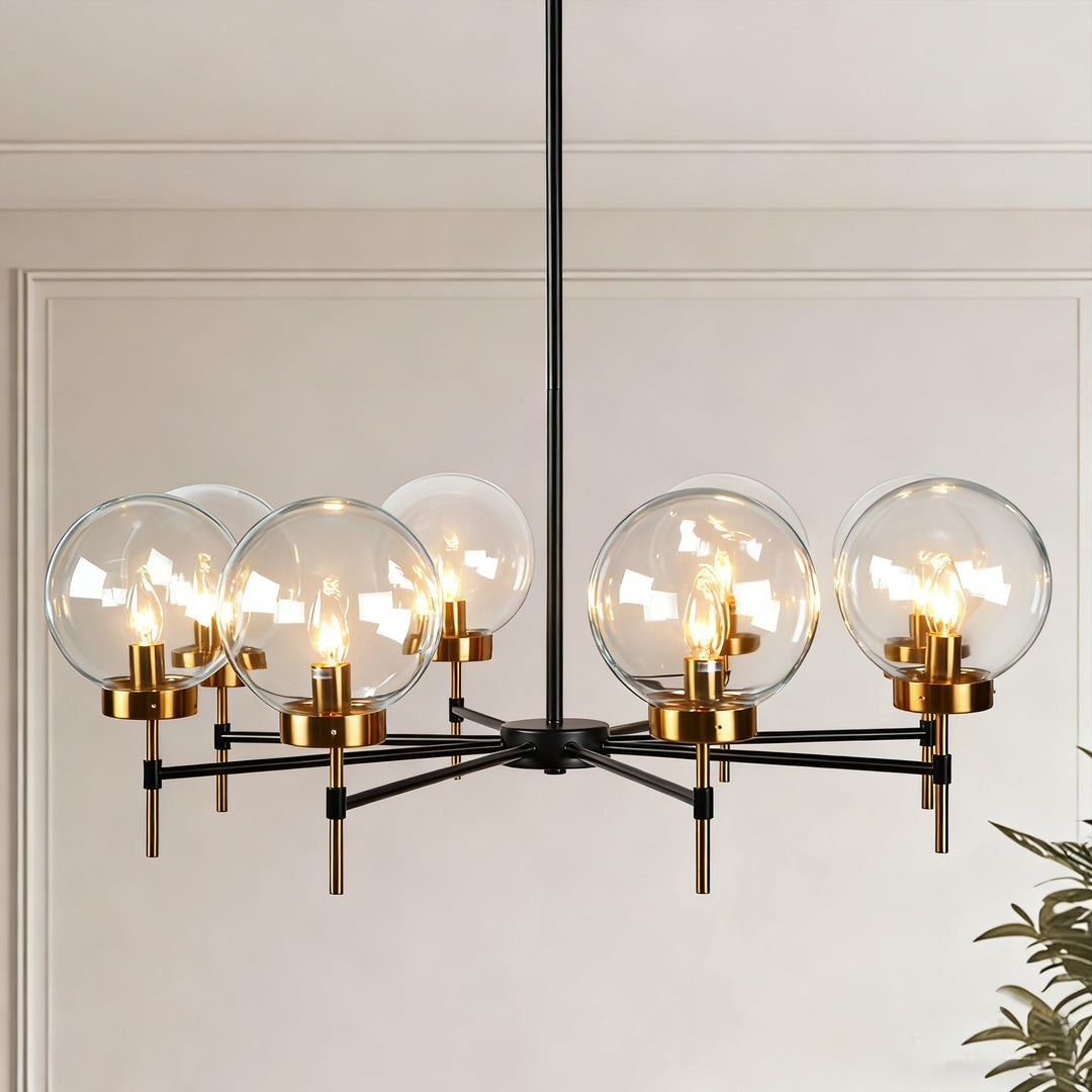 Mid-Century Modern Blown Glass Globe Chandelier - Adjustable Height with Two-Toned Metals for Dining Room, Living Room, and Sitting Room Lighting