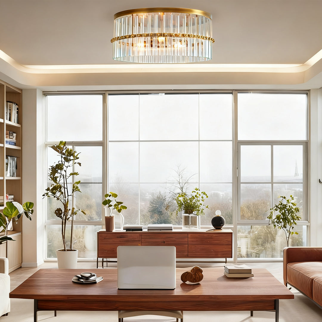 Luminous Steel Craft Flush Mount - Hand-Blown Cut Crystal Glass Shade with Optical Illumination and Tumbled Brass Finish for for Bedroom, Living Room, Dining Room