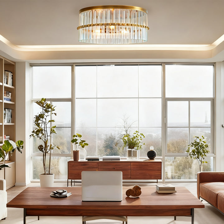 Luminous Steel Craft Flush Mount - Hand-Blown Cut Crystal Glass Shade with Optical Illumination and Tumbled Brass Finish for for Bedroom, Living Room, Dining Room