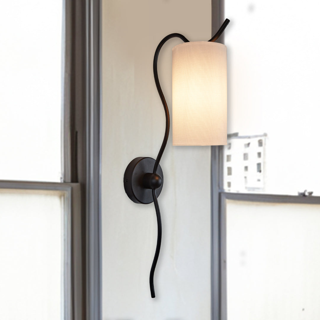 Mid-Century Single Light Wall Sconce with White Linen Shade, Industrial Wall Mounted Lamp with Wavy Black Forged Iron Arm, Hardwired Night Light for Bedroom, Living Room, Hallway