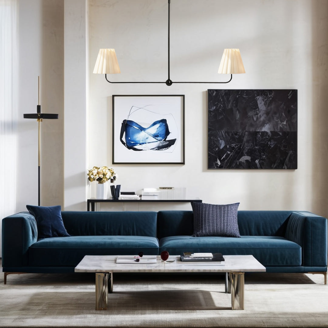 Kitchen Island Lighting with Pleated Linen Shade, 2 Lights Linear Chandelier with Adjustable Height (18-46"), Modern Ceiling Hanging Pendant Light for Dining Room, Living Room, Bedroom