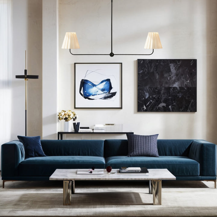 Kitchen Island Lighting with Pleated Linen Shade, 2 Lights Linear Chandelier with Adjustable Height (18-46"), Modern Ceiling Hanging Pendant Light for Dining Room, Living Room, Bedroom