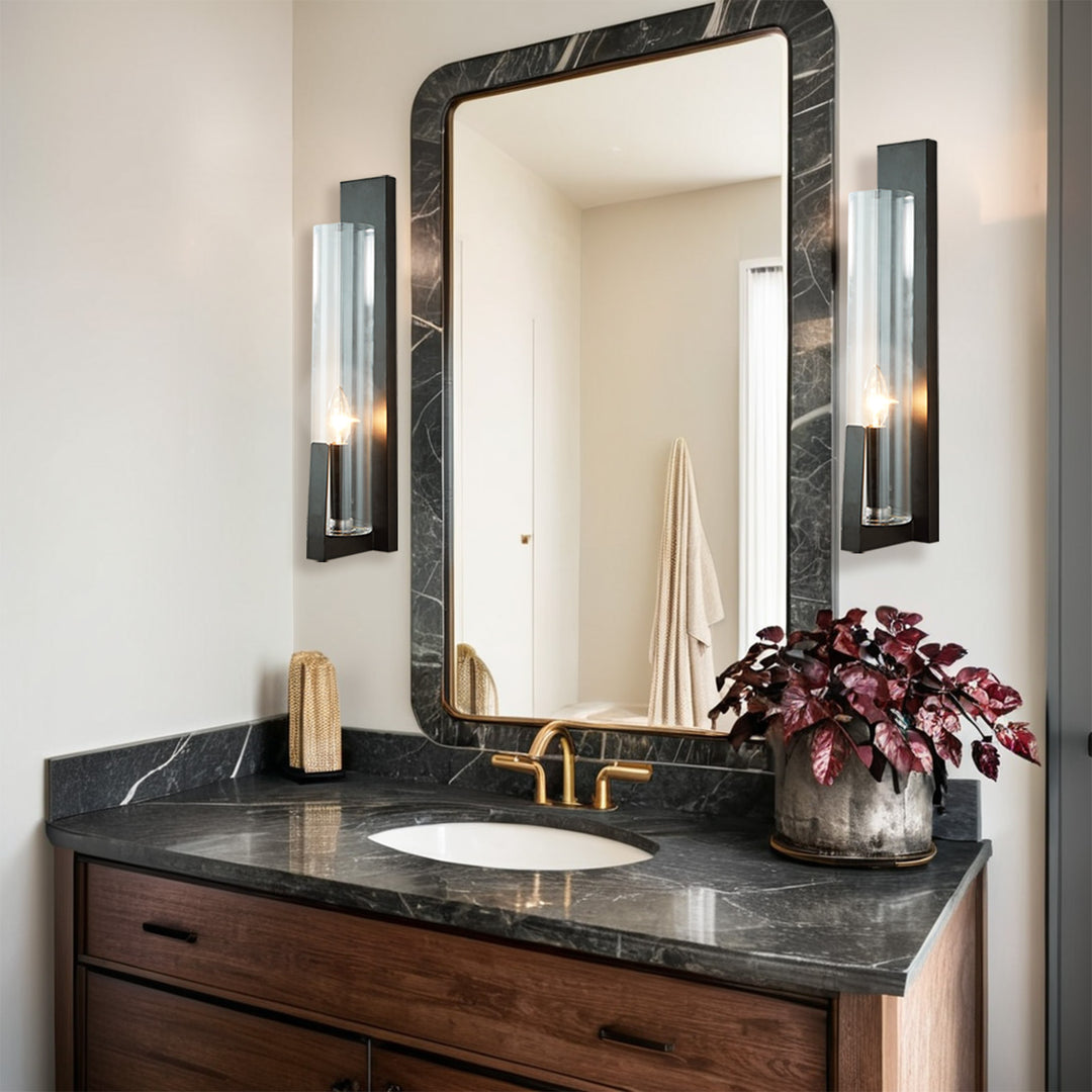 Clear Ribbed Glass Iron Forge Sconce - Long Shape with Vintage Gold Leaf Finish and Clear Ribbed Glass - Stylish Bathroom Sconce Lights and Modern Wall Lighting