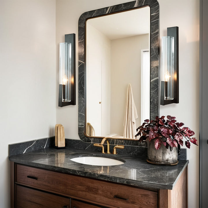 Clear Ribbed Glass Iron Forge Sconce - Long Shape with Vintage Gold Leaf Finish and Clear Ribbed Glass - Stylish Bathroom Sconce Lights and Modern Wall Lighting