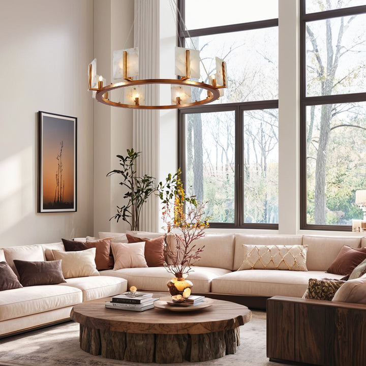 Modern Alabaster Chandelier with Antique Brass Finish - Adjustable Height for Dining Area Lighting, Ideal for Dining Room and Modern Living Room Fixtures