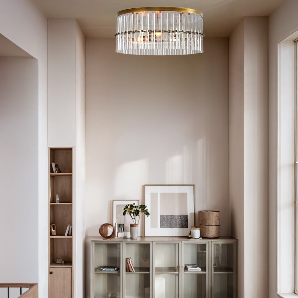 Luminous Steel Craft Flush Mount - Hand-Blown Cut Crystal Glass Shade with Optical Illumination and Tumbled Brass Finish for for Bedroom, Living Room, Dining Room