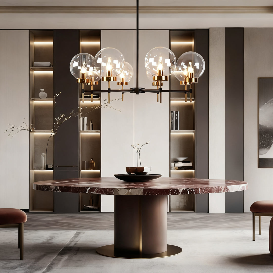 Mid-Century Modern Blown Glass Globe Chandelier - Adjustable Height with Two-Toned Metals for Dining Room, Living Room, and Sitting Room Lighting