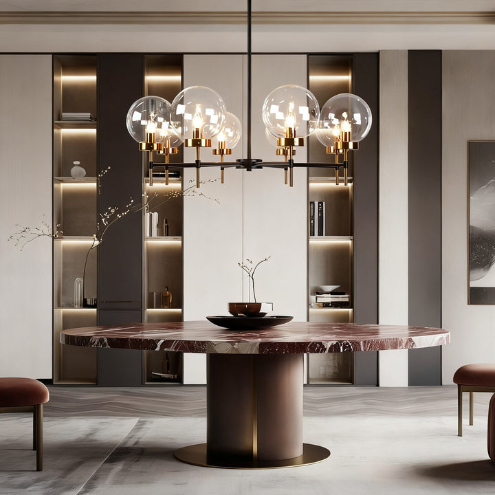 Mid-Century Modern Blown Glass Globe Chandelier - Adjustable Height with Two-Toned Metals for Dining Room, Living Room, and Sitting Room Lighting