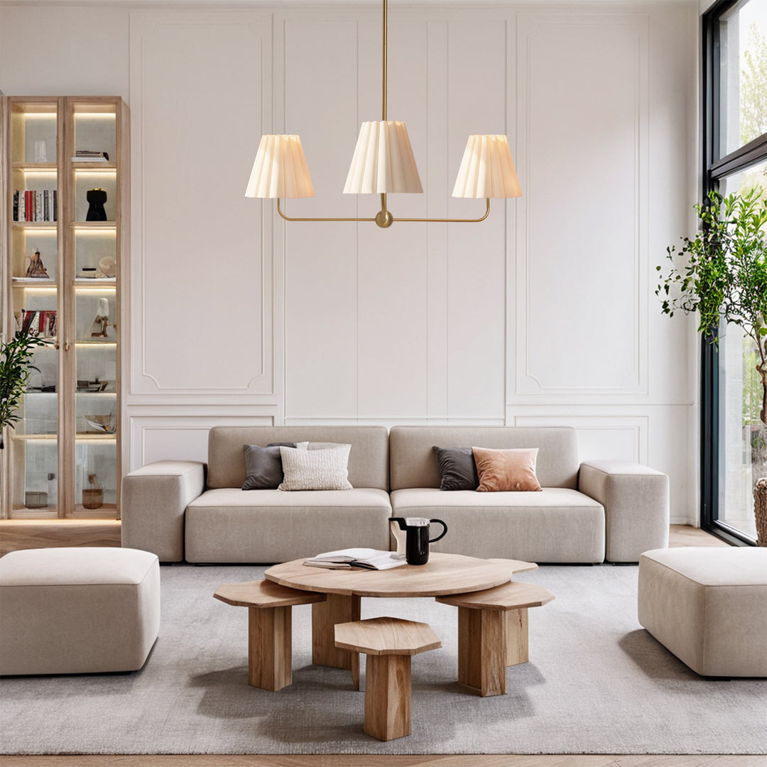 Mid-centry Modern Chandelier with Adjustable Height (18-54"), 3-Light Pendant Light over Table, Scandinavian Kitchen Island Lighting Fixture with Linen Shade for Dining Room Living Room