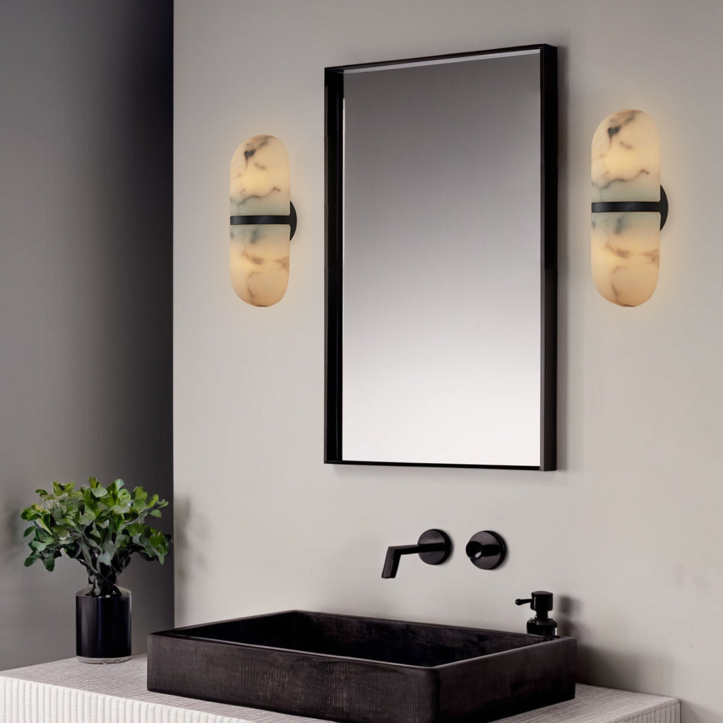 Alabaster Metal Damp Rated Hardwire Sconce - Alabaster and Metal Construction - Ideal for Wall Sconces, Bathroom Sconce, Kitchen Sconce, and Exterior Wall Lights