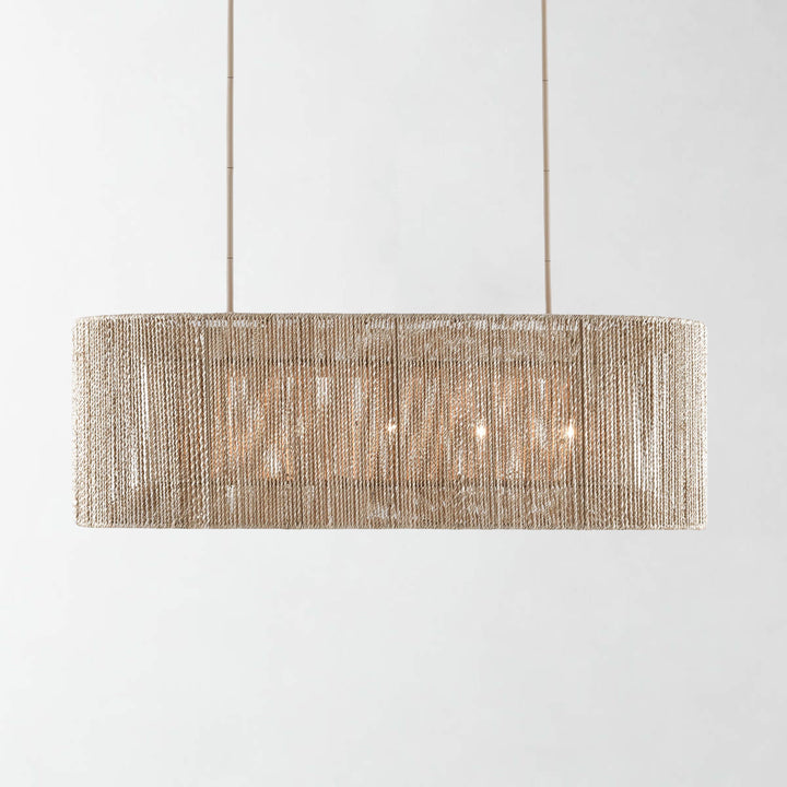 Coastal-Inspired Abaca Rope Linear Iron Chandelier – Dimmer Compatible，Ideal for Dining Room and Modern Living Room Fixtures