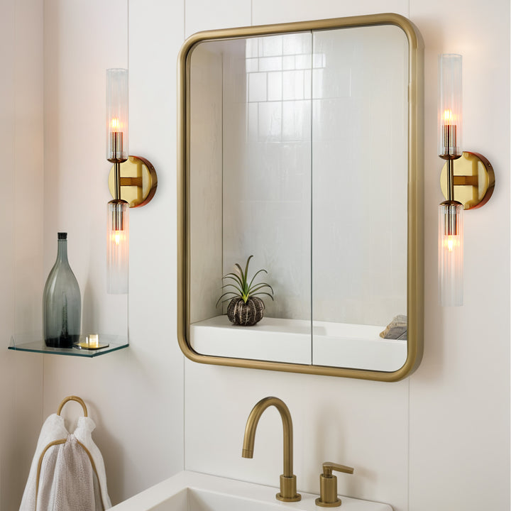 Antique Bronze Double Tube Sconce with Ribbed Glass Shades and Cylindrical Design for Durable Indoor Lighting