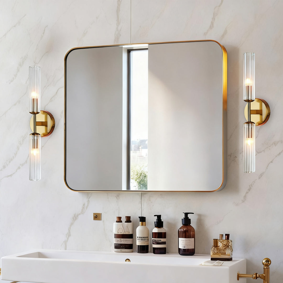 Antique Bronze Double Tube Sconce with Ribbed Glass Shades and Cylindrical Design for Durable Indoor Lighting