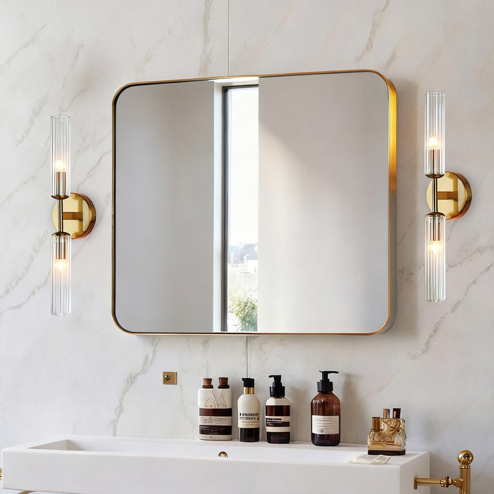 Antique Bronze Double Tube Sconce with Ribbed Glass Shades and Cylindrical Design for Durable Indoor Lighting