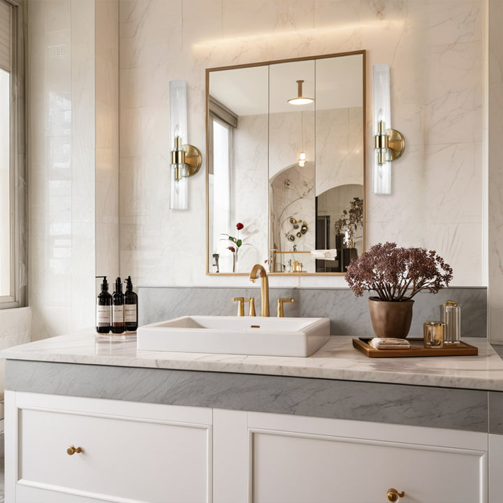 Modern 2-Light Wall Sconce with Clear Fluted Glass, Asymmetrical Double Tube Sconce Wet-rated Bathroom Light Fixture Over Mirror, Hardwired Wall Mount Lamp for Bedroom, Hallway, Living Room