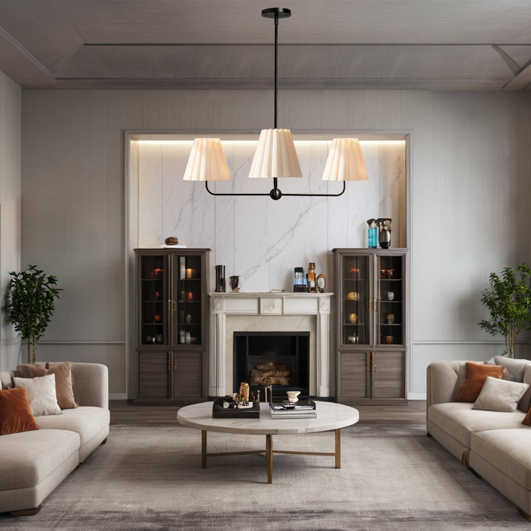 Mid-centry Modern Chandelier with Adjustable Height (18-54"), 3-Light Pendant Light over Table, Scandinavian Kitchen Island Lighting Fixture with Linen Shade for Dining Room Living Room