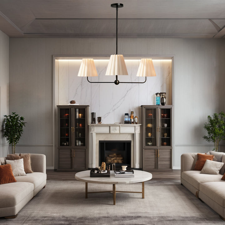 Mid-centry Modern Chandelier with Adjustable Height (18-54"), 3-Light Pendant Light over Table, Scandinavian Kitchen Island Lighting Fixture with Linen Shade for Dining Room Living Room