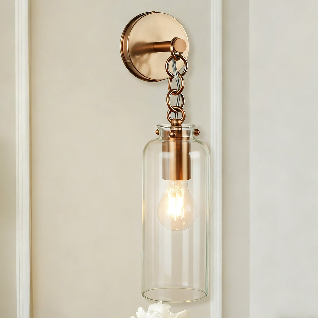 Aged Brass Sconce Wall Lamp, Retro Wall Mounted Lighting with Clear Glass Tube, Decorative Wall Light Fixture for Living Room, Bedroom, Hallway, Kitchen, Staircase