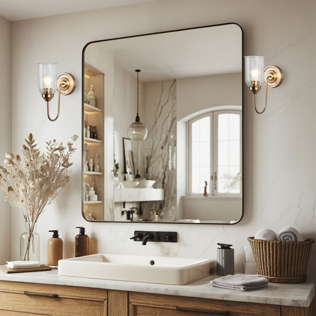 Antique Gooseneck Brass Sconce with Clear Fluted Glass, Gold Wall Mounted Lamp Beside Mirror, Wet-rated Wall Light for Bathroom, Stairs, Kitchen, Hallway, Fireplace (E26 Base)