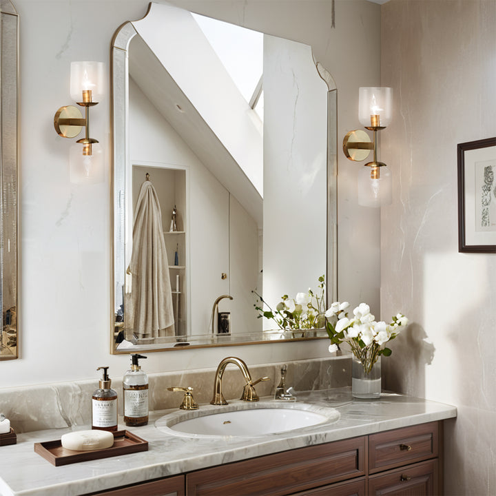 Antique Bronze Double Sconce with Ribbed Glass Shades and Bell-Shaped Design for Durable Indoor Lighting