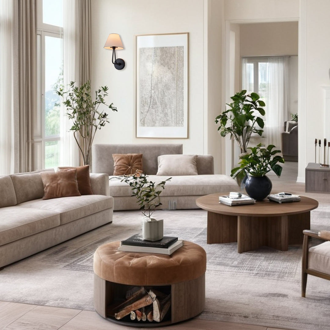 Classic Wall Lighting with Cream Linen Shade, Mid-century Modern Wall Mounted Lamp with Antique Hand-painted Metal Finish, Hardwired Light Fixture for Bedroom, Living Room, Corridor, Entryway