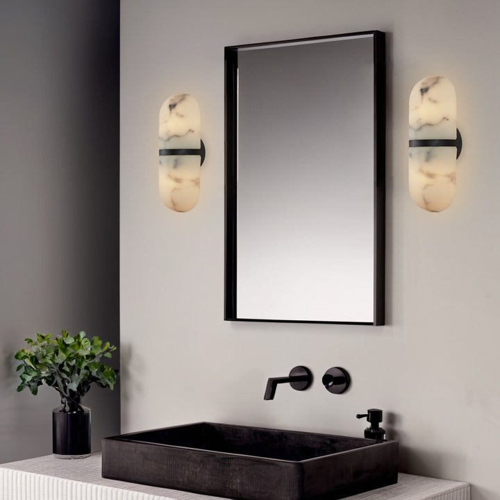 Alabaster Metal Damp Rated Hardwire Sconce - Alabaster and Metal Construction - Ideal for Wall Sconces, Bathroom Sconce, Kitchen Sconce, and Exterior Wall Lights