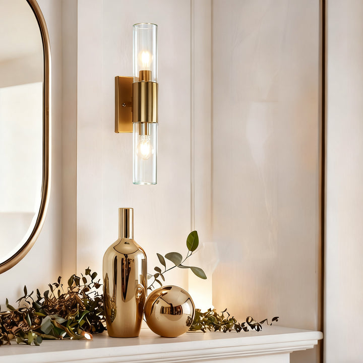 Rustic Geometric Design Double Tube Wall Sconce - Damp Rated Hand-Cut Glass Fixture for Bathroom, Bedroom Wall Sconces, and Wall Lamps