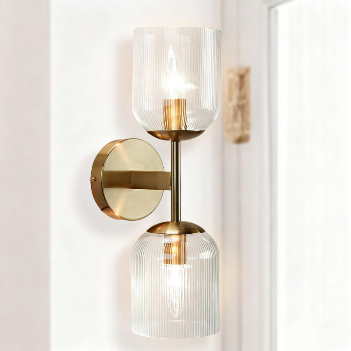 Antique Bronze Double Sconce with Ribbed Glass Shades and Bell-Shaped Design for Durable Indoor Lighting