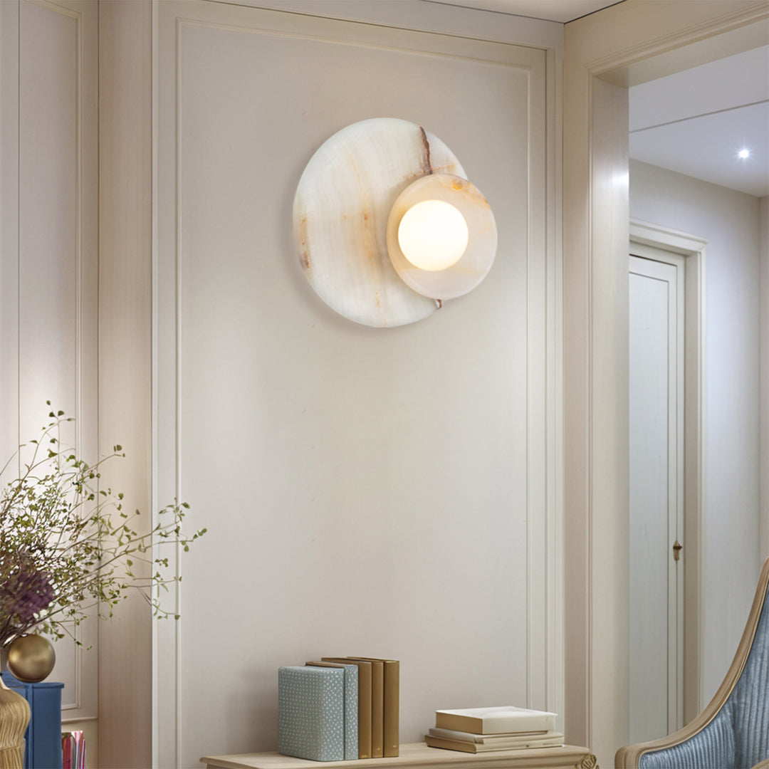 Opaline Cream Sculpture Wall Sconce: Natural Cream Onyx with Opaque White Glass Globe Bulb, Sculptural Design for Living Room, Bathroom, or Bedroom Wall Lighting