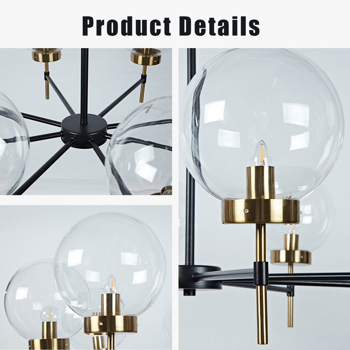 Mid-Century Modern Blown Glass Globe Chandelier - Adjustable Height with Two-Toned Metals for Dining Room, Living Room, and Sitting Room Lighting