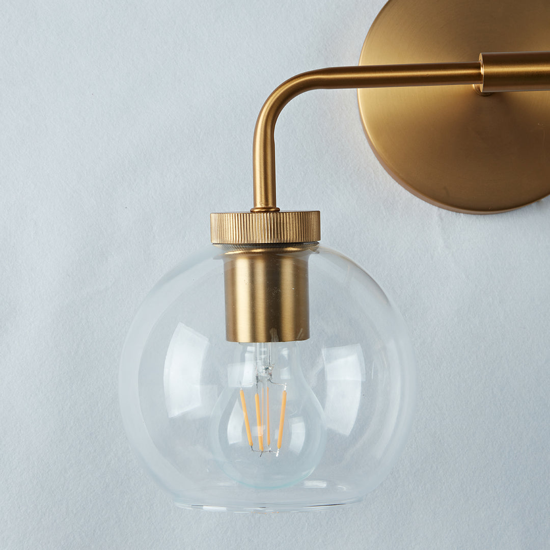 Globe Shade Matte Finish with Brass Accents Double Light Sconce - Elegant Blown Glass and Steel Frame, Bathroom Sconce