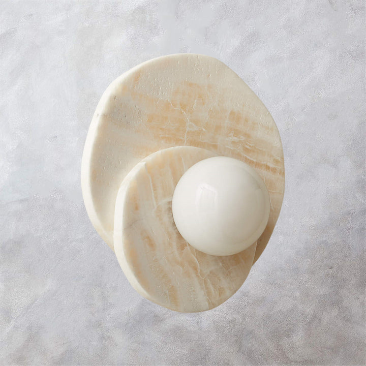 Opaline Cream Sculpture Wall Sconce: Natural Cream Onyx with Opaque White Glass Globe Bulb, Sculptural Design for Living Room, Bathroom, or Bedroom Wall Lighting