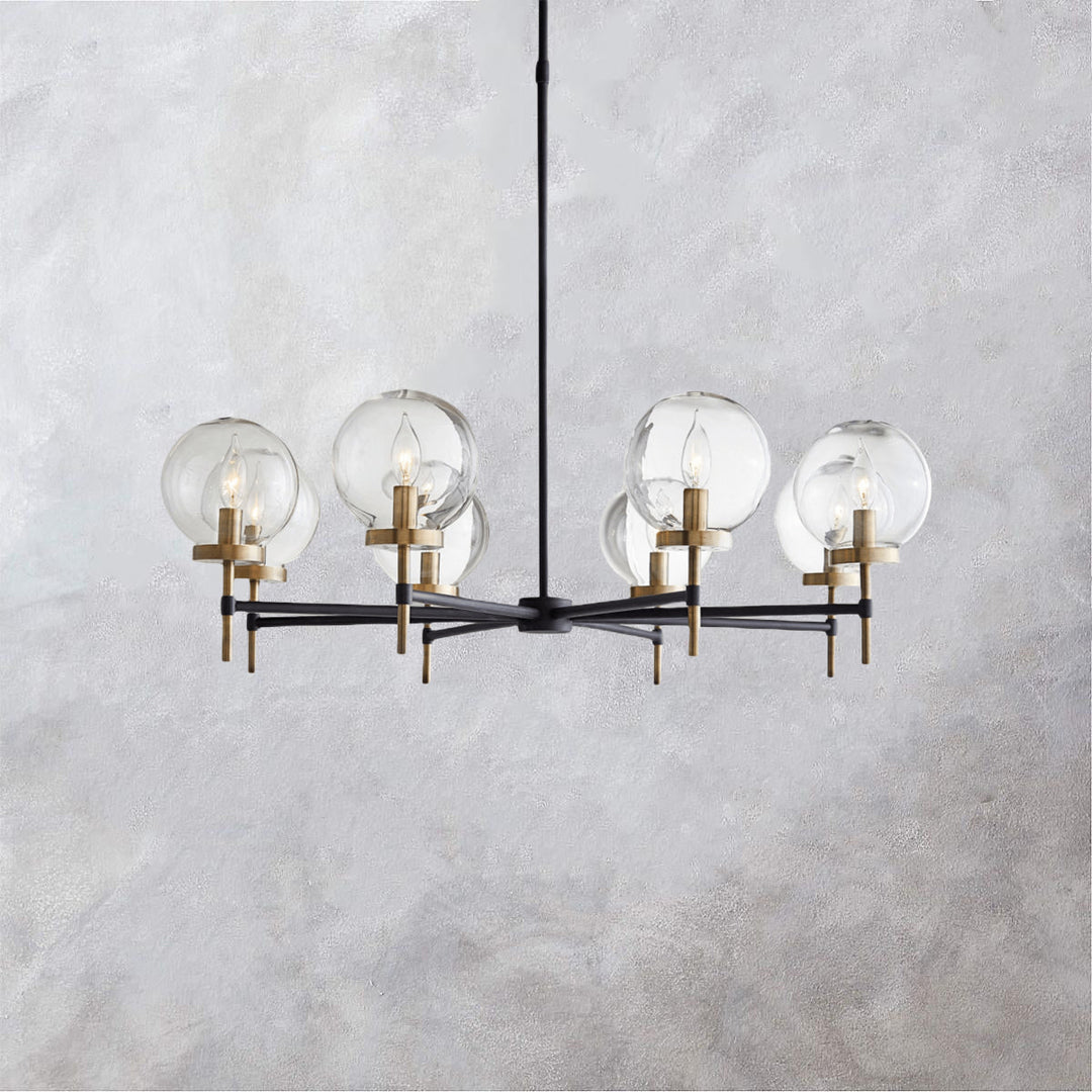 Mid-Century Modern Blown Glass Globe Chandelier - Adjustable Height with Two-Toned Metals for Dining Room, Living Room, and Sitting Room Lighting