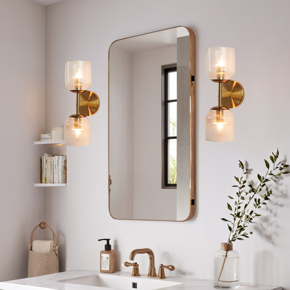Antique Bronze Double Sconce with Ribbed Glass Shades and Bell-Shaped Design for Durable Indoor Lighting