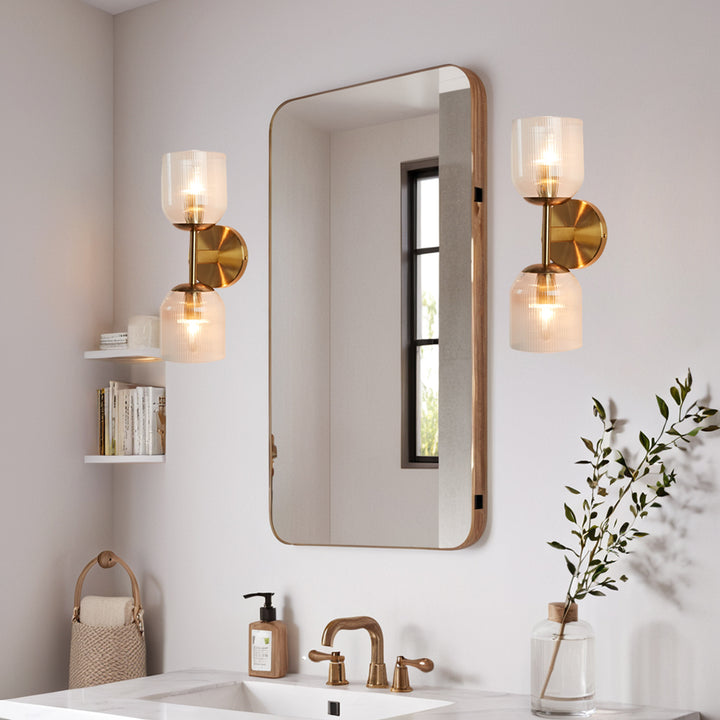 Antique Bronze Double Sconce with Ribbed Glass Shades and Bell-Shaped Design for Durable Indoor Lighting