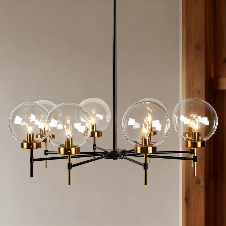 Mid-Century Modern Blown Glass Globe Chandelier - Adjustable Height with Two-Toned Metals for Dining Room, Living Room, and Sitting Room Lighting