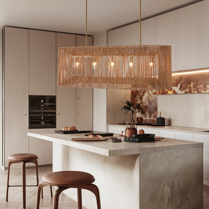 Coastal-Inspired Abaca Rope Linear Iron Chandelier – Dimmer Compatible，Ideal for Dining Room and Modern Living Room Fixtures